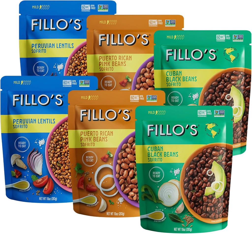 Fillo's Ready to Eat Beans Variety Pack | Black Beans, Lentils, & Pink Beans | Gluten-Free, Preservative-Free, Microwavable Meals, Non-GMO, Vegan, Plant Protein, 10 oz Pk of 6