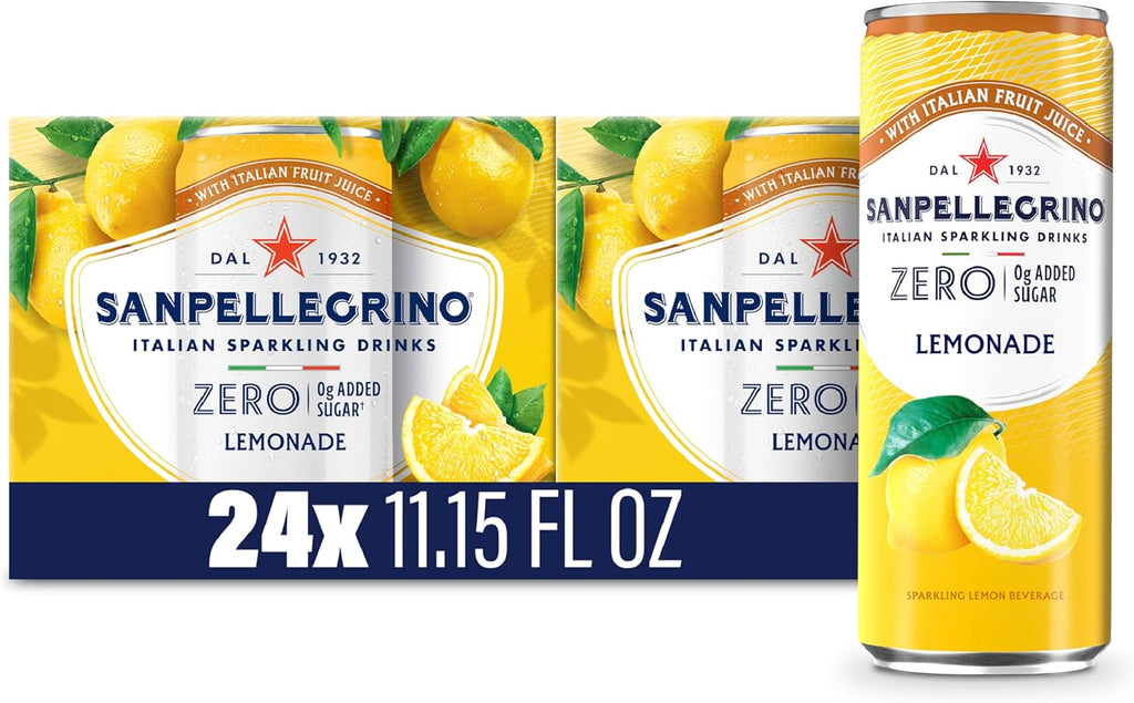Sanpellegrino Zero Grams Added Sugar Italian Sparkling Drinks Lemonade, Sparkling Lemon Beverage, 24 Pack of 11.15 Fl Oz Cans