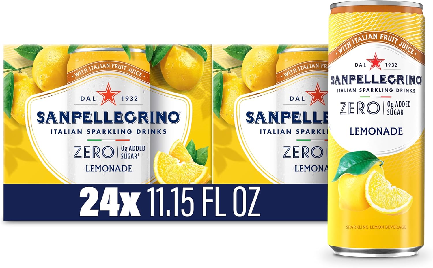 Sanpellegrino Zero Grams Added Sugar Italian Sparkling Drinks Lemonade, Sparkling Lemon Beverage, 24 Pack of 11.15 Fl Oz Cans