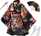 Japanese Anime Women's Dance Kimono Robe Fancy Dress Hand Held Silk Folding Fans Tabi Hairstick Socks Set