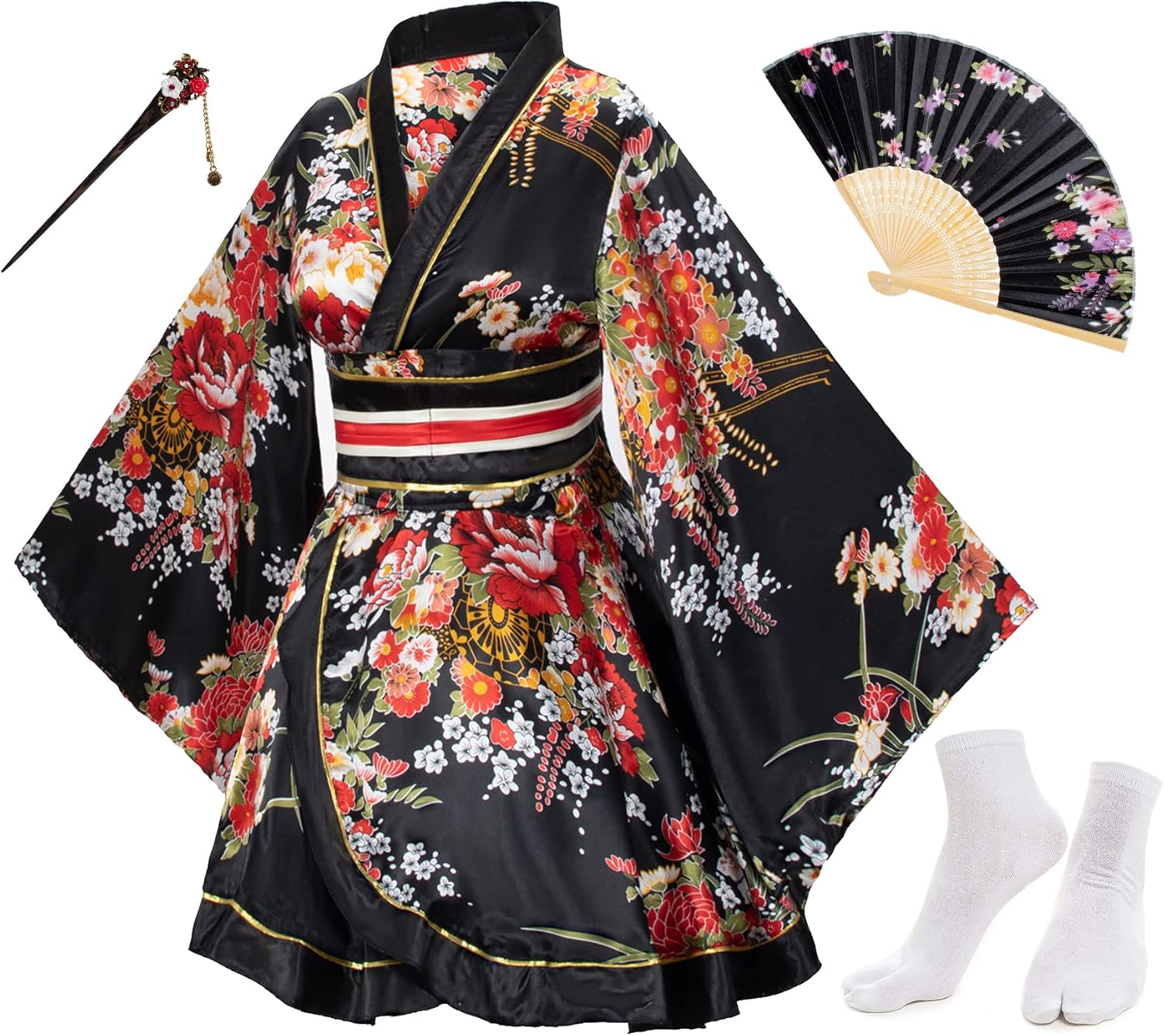 Japanese Anime Women's Dance Kimono Robe Fancy Dress Hand Held Silk Folding Fans Tabi Hairstick Socks Set