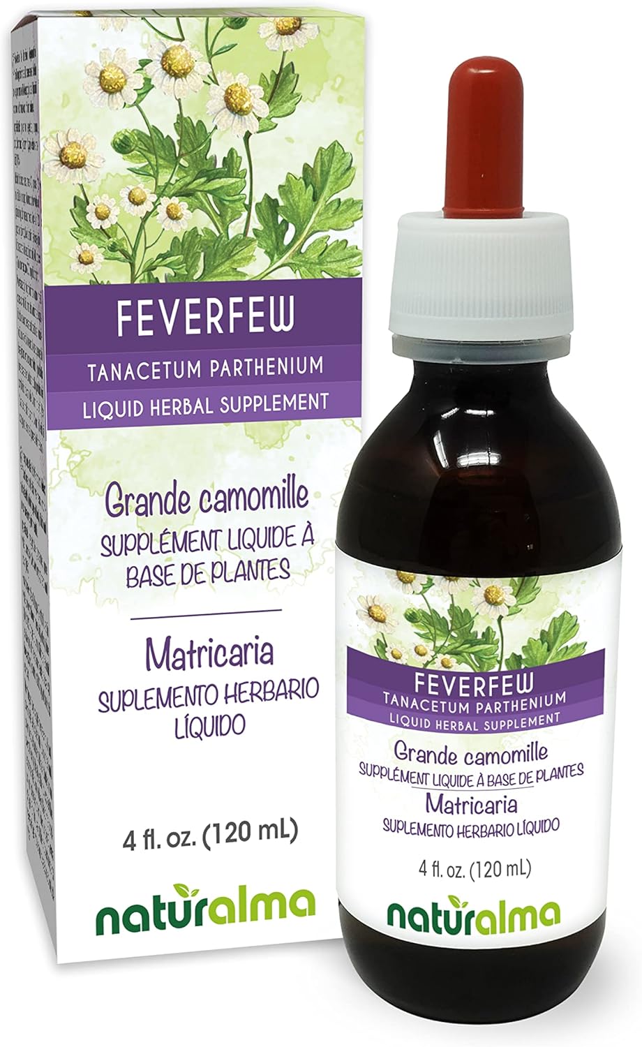 Naturalma Feverfew (Tanacetum parthenium) herb with Flowers Alcohol-Free Tincture - 4 fl oz Liquid Extract in Drops - Herbal Supplement - Vegan