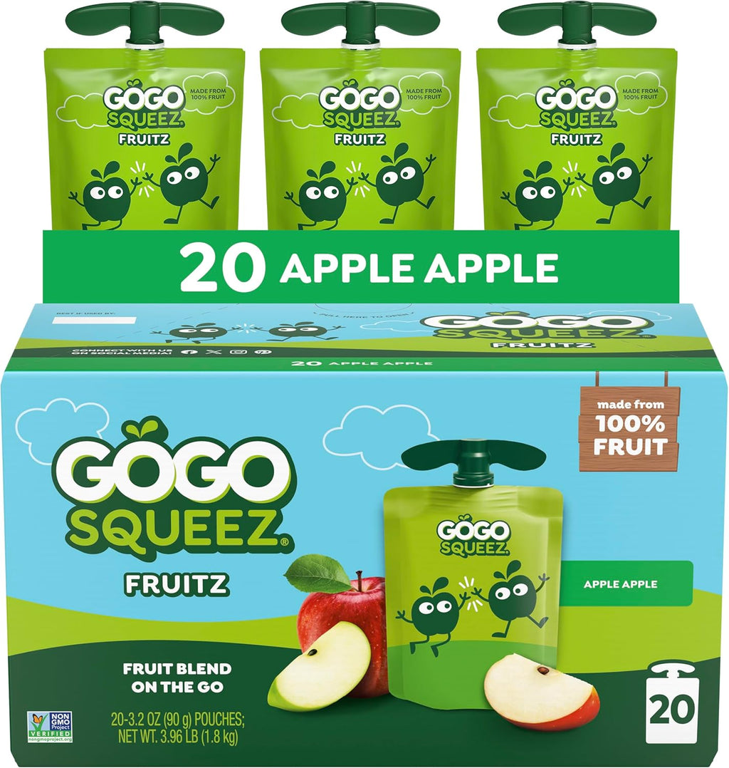 GoGo squeeZ No Sugar Added Applesauce and Fruit Puree, Apple, 3.2 oz Pouches (Pack of 20), Fruit Snacks for Kids, Gluten Free, Nut Free, Recloseable Cap, BPA Free