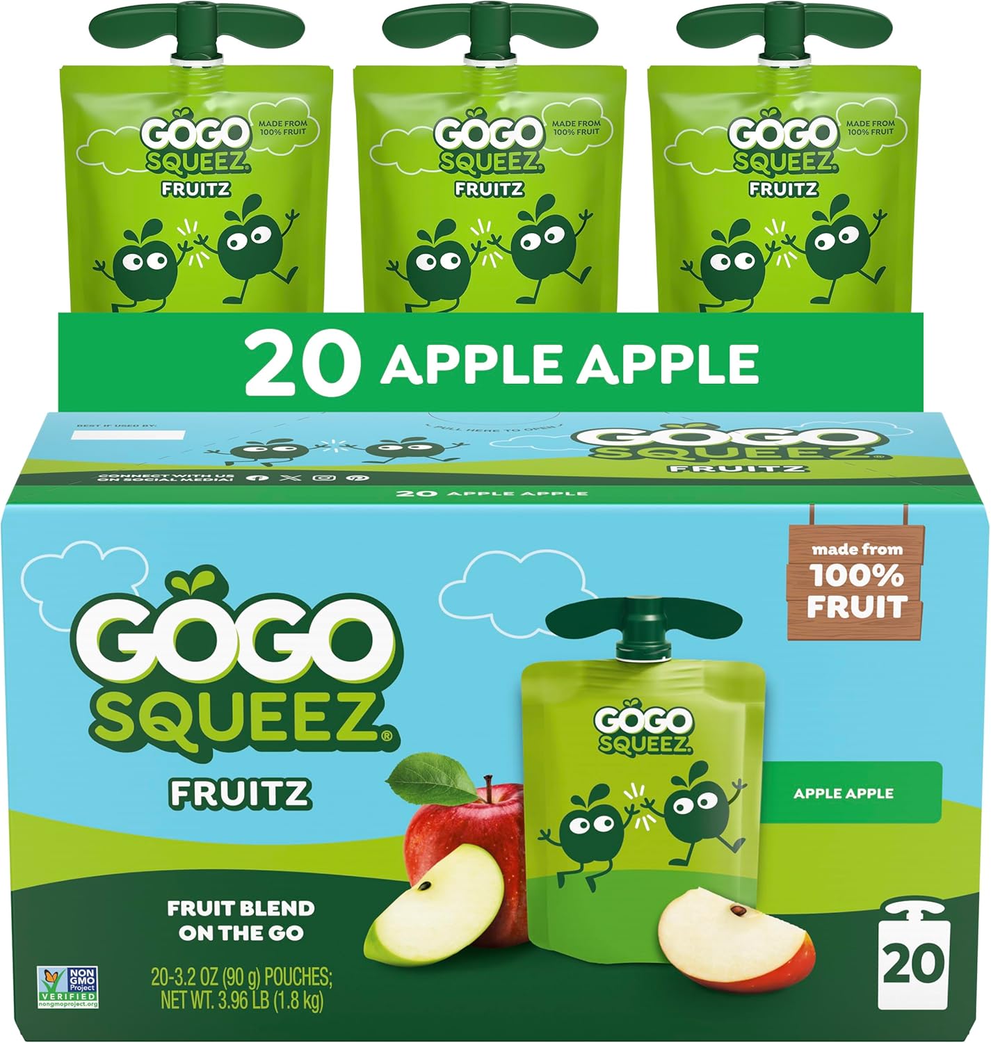 GoGo squeeZ No Sugar Added Applesauce and Fruit Puree, Apple, 3.2 oz Pouches (Pack of 20), Fruit Snacks for Kids, Gluten Free, Nut Free, Recloseable Cap, BPA Free