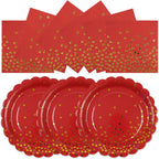 50PCS Red Paper Plates and Napkins Set - Red and Gold Dot Disposable Party Plates Dinnerware Party Supplies Decorations for Birthdays, Christmas, Engagement and Weddings