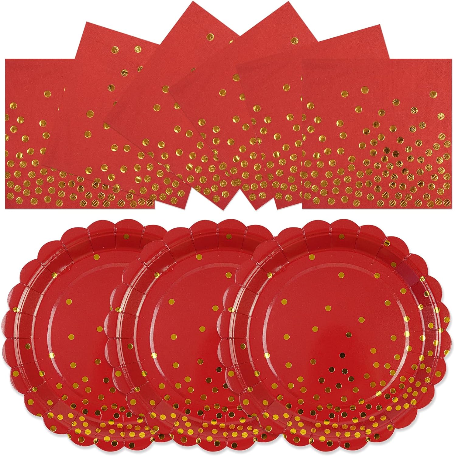 50PCS Red Paper Plates and Napkins Set - Red and Gold Dot Disposable Party Plates Dinnerware Party Supplies Decorations for Birthdays, Christmas, Engagement and Weddings