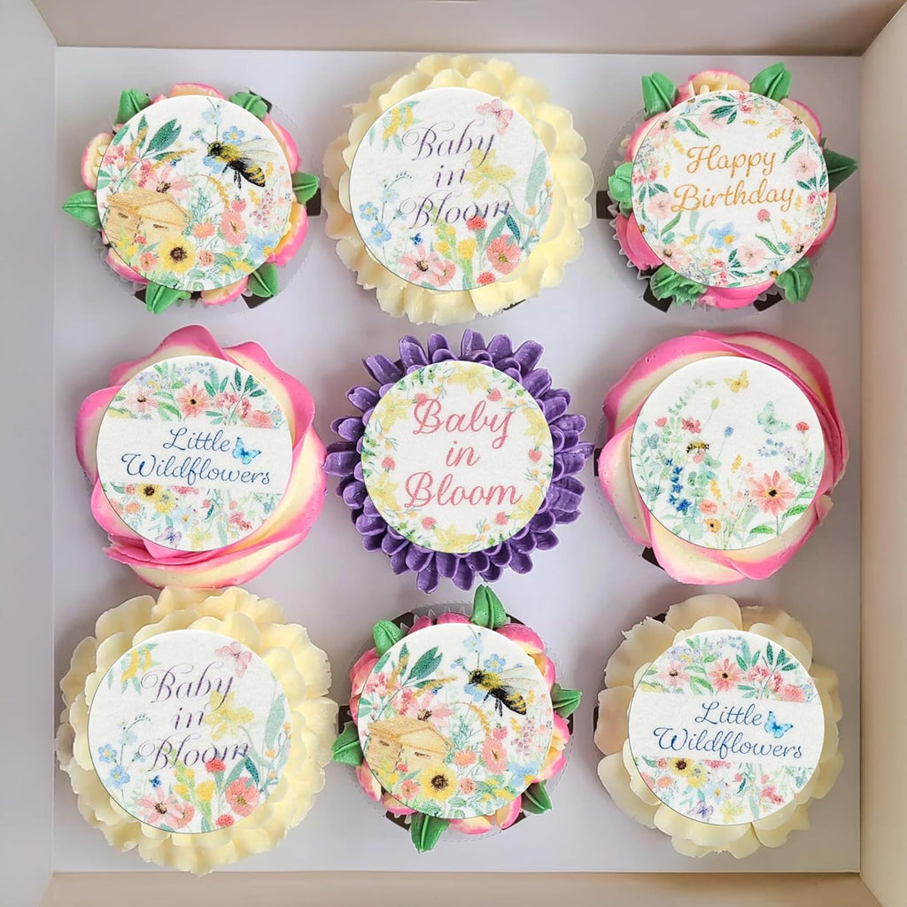 Gyufise 54Pcs Edible Wildflower Cupcake Toppers Wafer Paper Baby in Bloom Baby Shower Decorations Flower Birthday Party Decorations Wildflower Cake Toppers for Birthday Party Supplies
