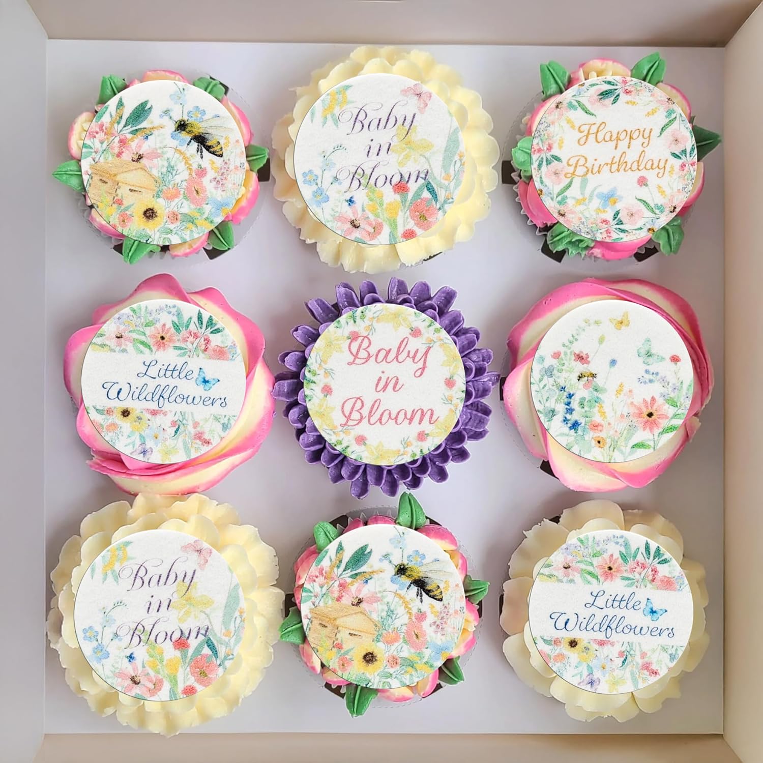 Gyufise 54Pcs Edible Wildflower Cupcake Toppers Wafer Paper Baby in Bloom Baby Shower Decorations Flower Birthday Party Decorations Wildflower Cake Toppers for Birthday Party Supplies