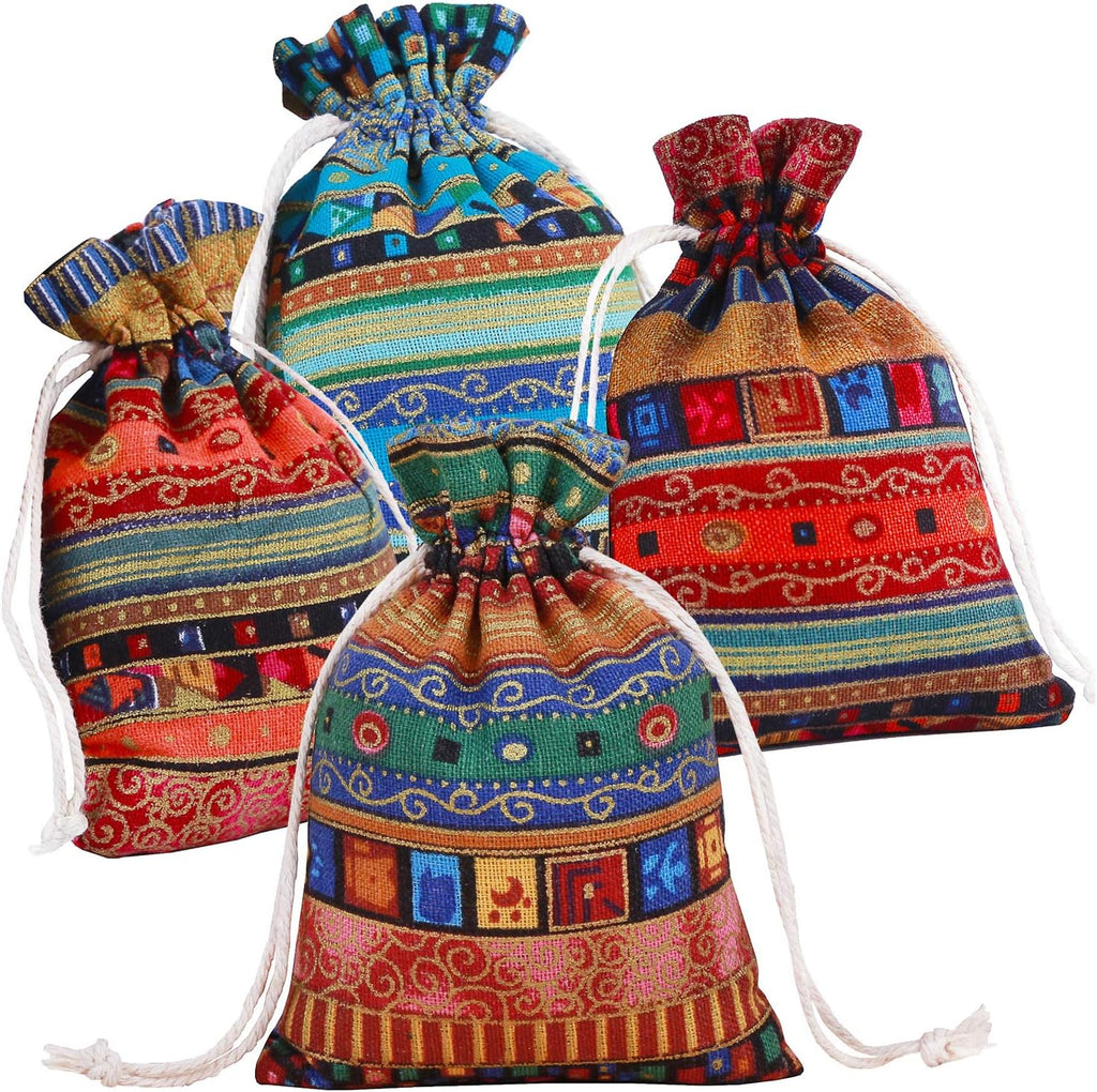 PINOWU Ethnic Style Drawstring Gift Bag 5x7 Cotton Reusable Pouches (12pcs) Jewelry Coin Storage Pouch Eco-Friendly Sachet Bags for Candy Wedding Party Valentine Favors