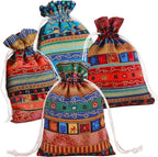 PINOWU Ethnic Style Drawstring Gift Bag 5x7 Cotton Reusable Pouches (12pcs) Jewelry Coin Storage Pouch Eco-Friendly Sachet Bags for Candy Wedding Party Valentine Favors