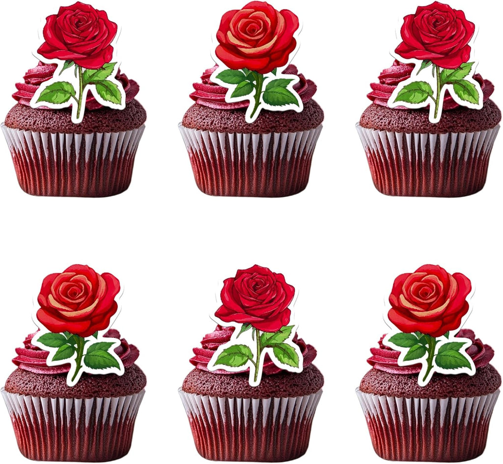 50 PCS Edible Rose Cupcake Toppers Wafer Paper Red Roses Cupcake Picks Valentine's Day Edible Flowers Cake Decorations Rose Theme Baby Shower Birthday Mother's Day Party Decorations Supplies