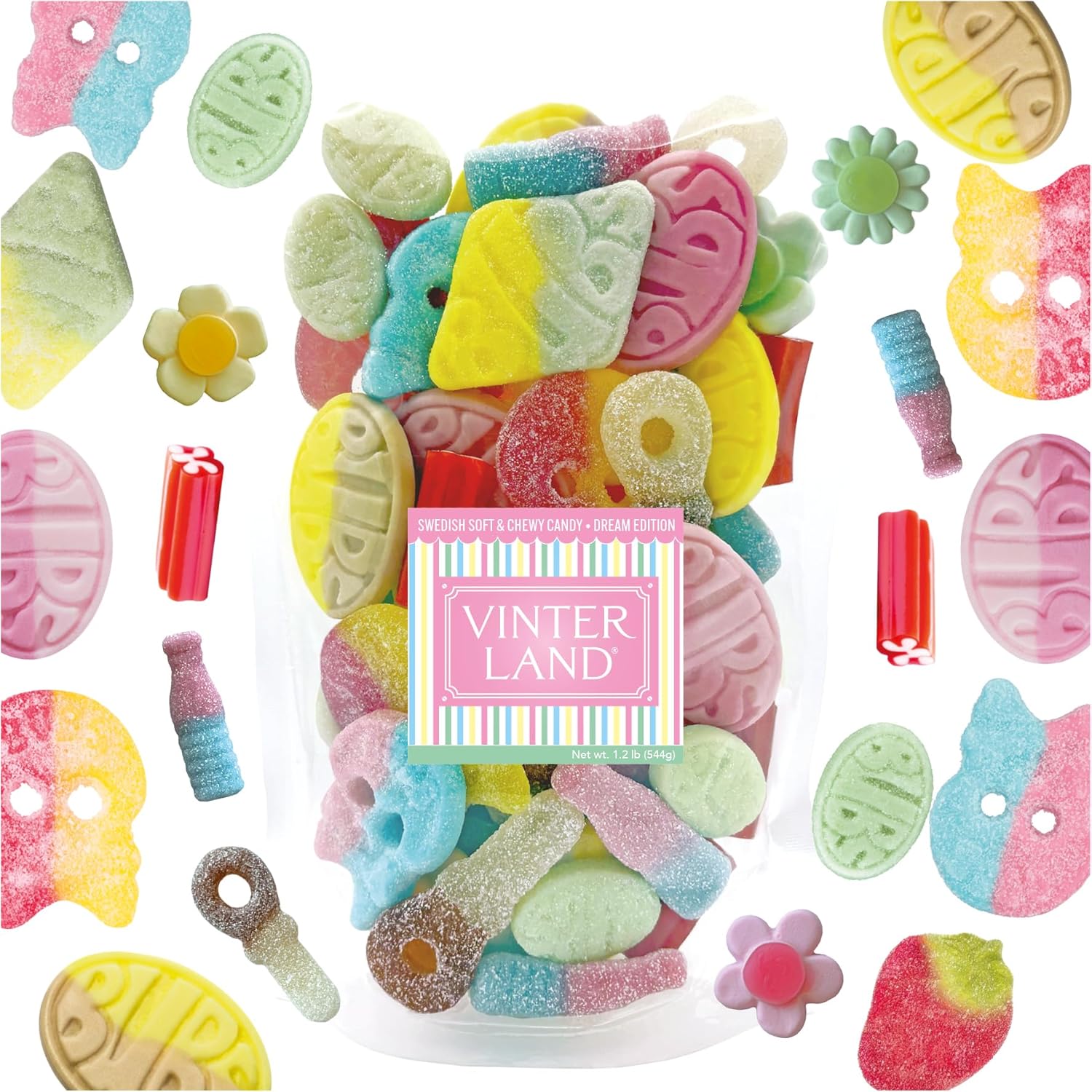 VINTERLAND - Bubs Swedish Candy Mix (1.2 Pounds) - Big Bubs Ovals - Big Bubs Swedish Candy Skulls - Happy Flowers - Sugared Strawberries, Bubs Tutti Frutti Rombs, and more - Vinterland Dream Edition
