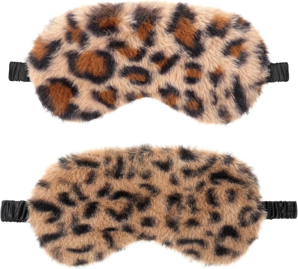 2 Pcs Plush Leopard Eye Mask Soft Sleeping Blindfold Eye Cover Comfortable Furry Faux Fur Sleeping Mask Satin Nap Night Eyeshade Cover for Women Men Gift (Brown, Coffee)