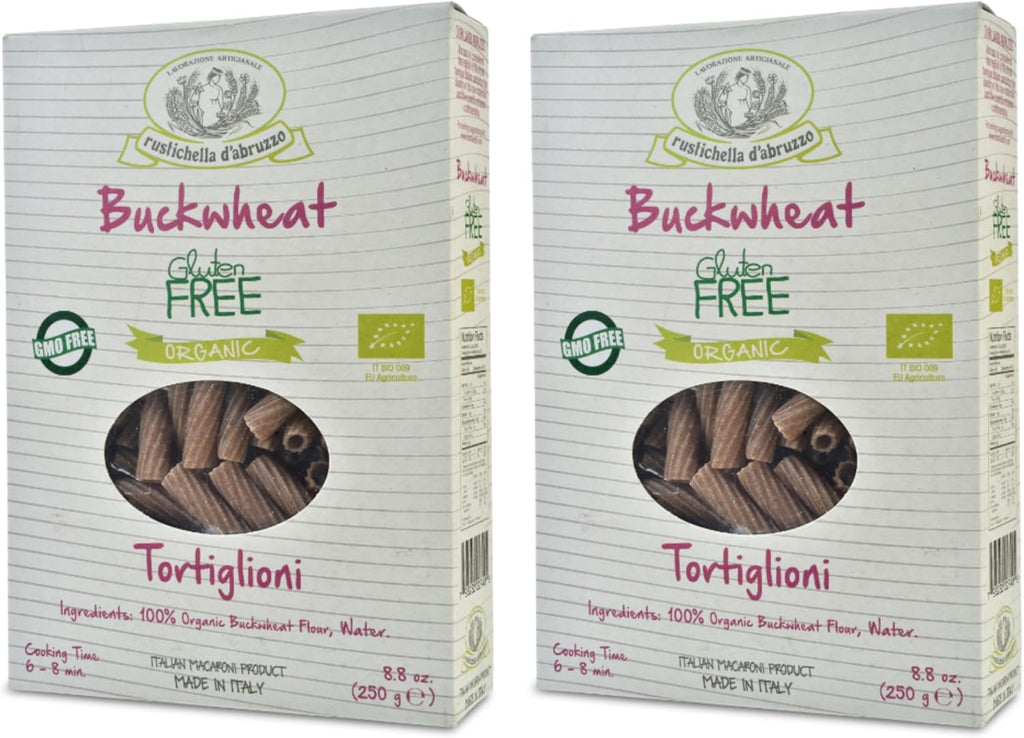 Rustichella d'Abruzzo Organic Buckwheat Tortiglioni (Pack of 2), 250g Each - Gluten-Free Pasta with Distinct Buckwheat Flavor - Artisan Pasta from Italy