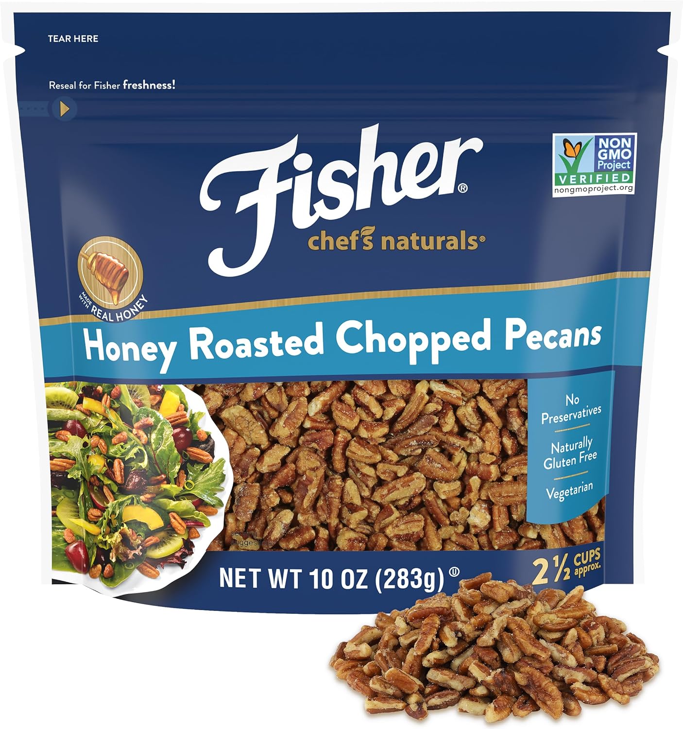 Fisher Chef's Naturals Honey Roasted Chopped Pecans 10oz Resealable Bag, Salted Nuts for Cooking, Baking & Snacking, Vegan Protein, Keto Snack, Gluten Free