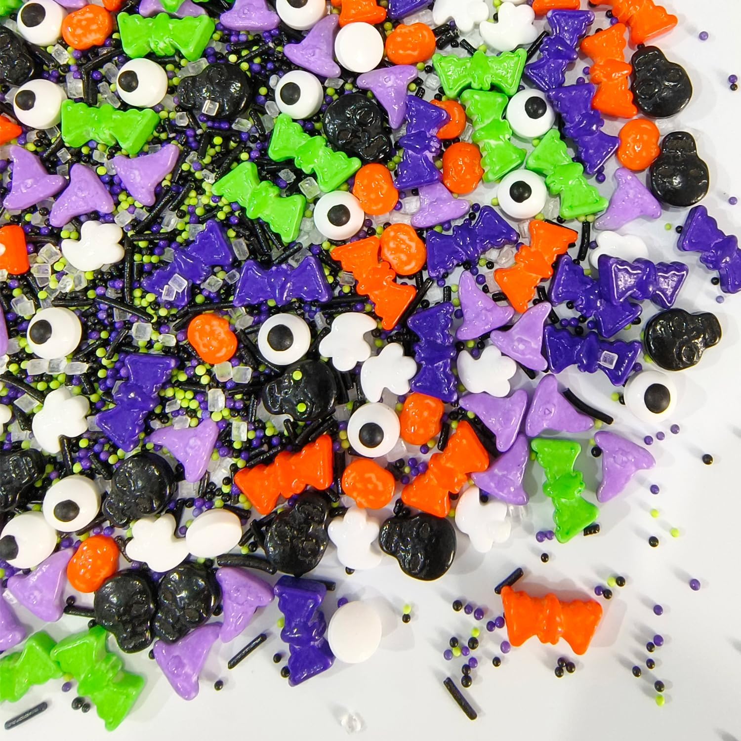 Halloween Sprinkles Mix - 130g Edible Cake Decorations with Bats, Skulls, Ghosts, Pumpkins, Candy Eyeballs & Nonpareils Jimmies Sprinkles for Scary Cupcakes, Cookies, Cake Toppings and DIY Spooky Treats