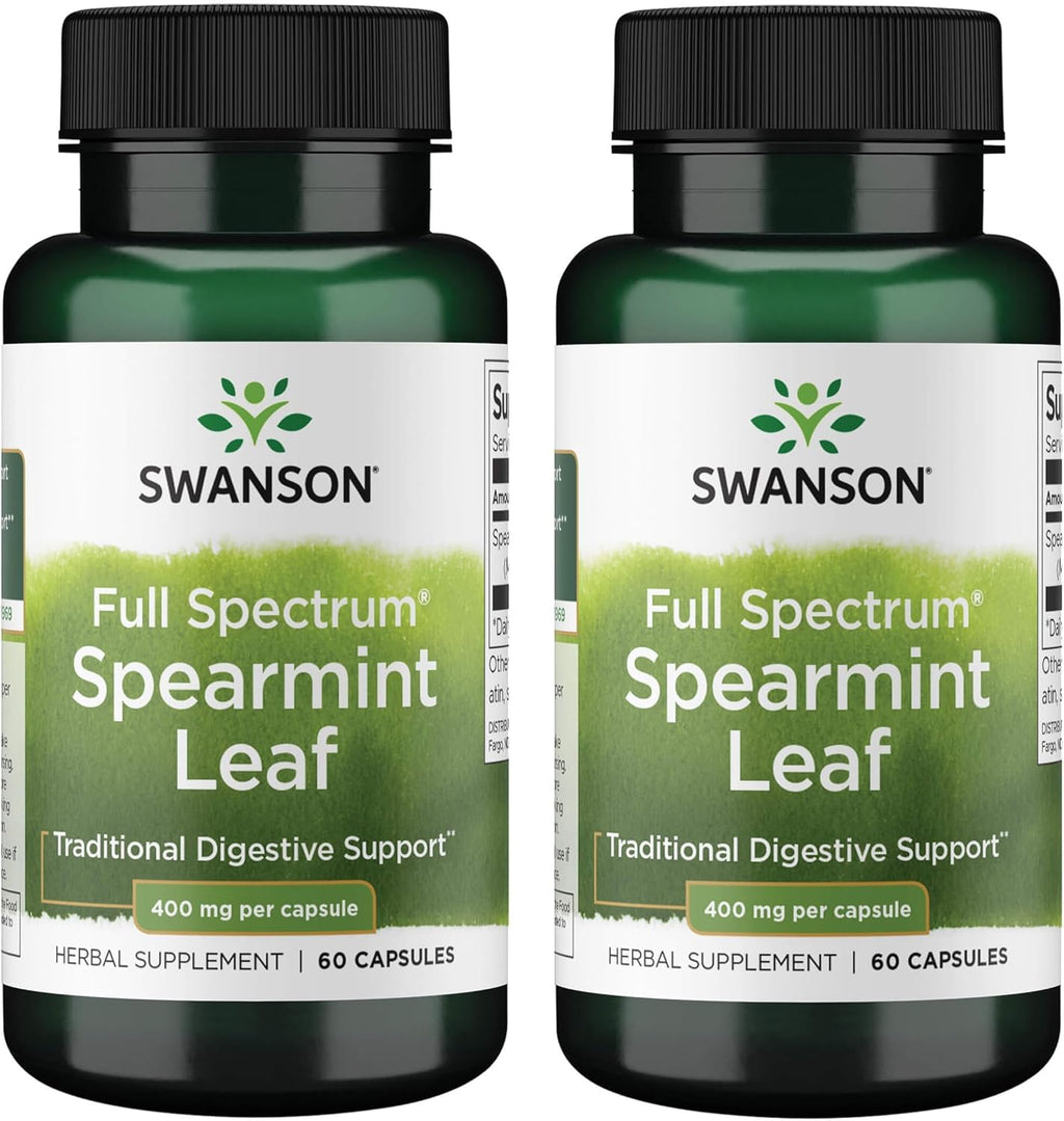 Swanson Spearmint Leaf Full Spectrum Digestive Supplement for Digestive-Comfort-Seeking Adults - 400 mg Mentha Spicata (60 Capsules, 2 Pack)