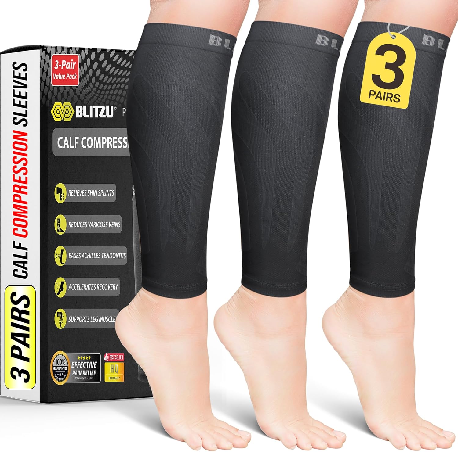 BLITZU 3 Pairs Calf Compression Sleeves for Men and Women. Footless Compression Socks & Leg Support for Running, Travel, Nursing, Fitness. Shin Splints Pain Relief & Reduce Swelling Black L-XL