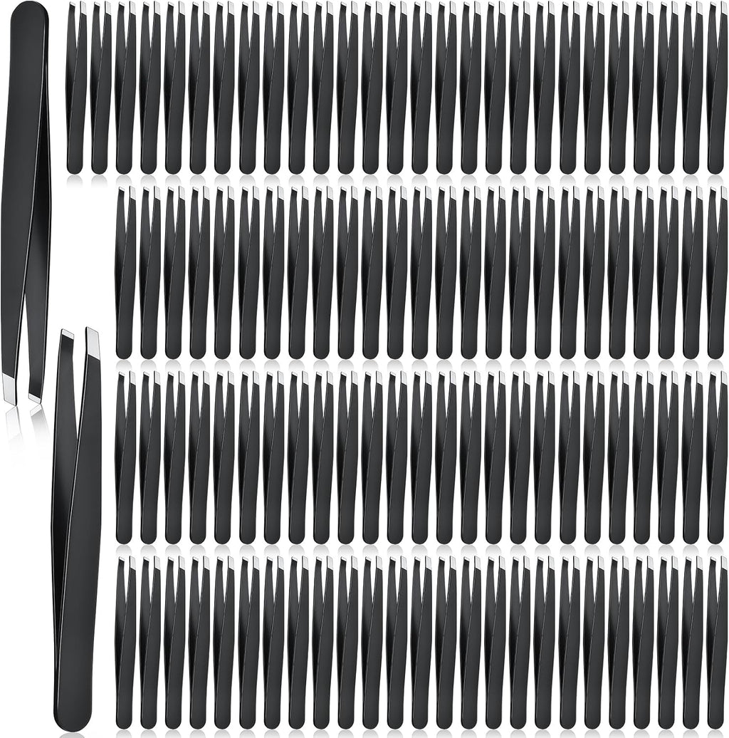 Lasnten 120 Pieces Stainless Steel Eyebrow Slanted Tweezers Black Slanted Tip Eyebrow Tweezers for Men and Women Removal Eyebrows,Ingrown Hair,Hand and Facial Hair,Lash Extension
