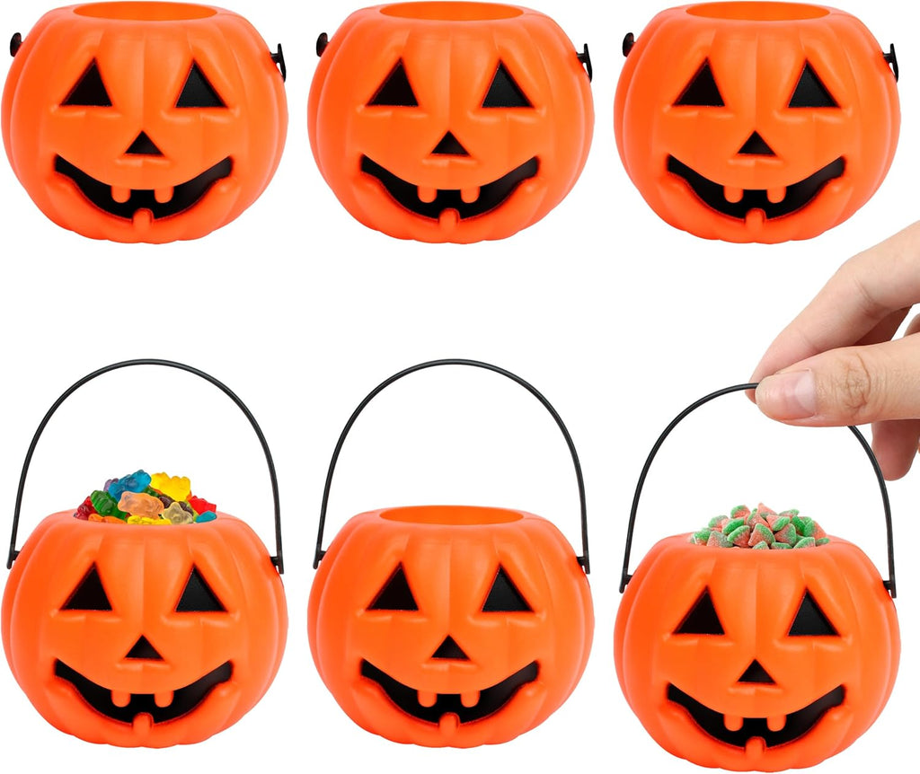 6Pcs Pumpkin Candy Bucket, 2.1"x2.8'', Small Mini Jack O Lantern Pail Plastic Basket w Handle & Devil Smile, Orange Pale Mudpie Ghost Holder for Guest Candy Treat, Birthday Party Favor, Planter Pot