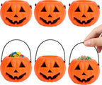 6Pcs Pumpkin Candy Bucket, 2.1"x2.8'', Small Mini Jack O Lantern Pail Plastic Basket w Handle & Devil Smile, Orange Pale Mudpie Ghost Holder for Guest Candy Treat, Birthday Party Favor, Planter Pot