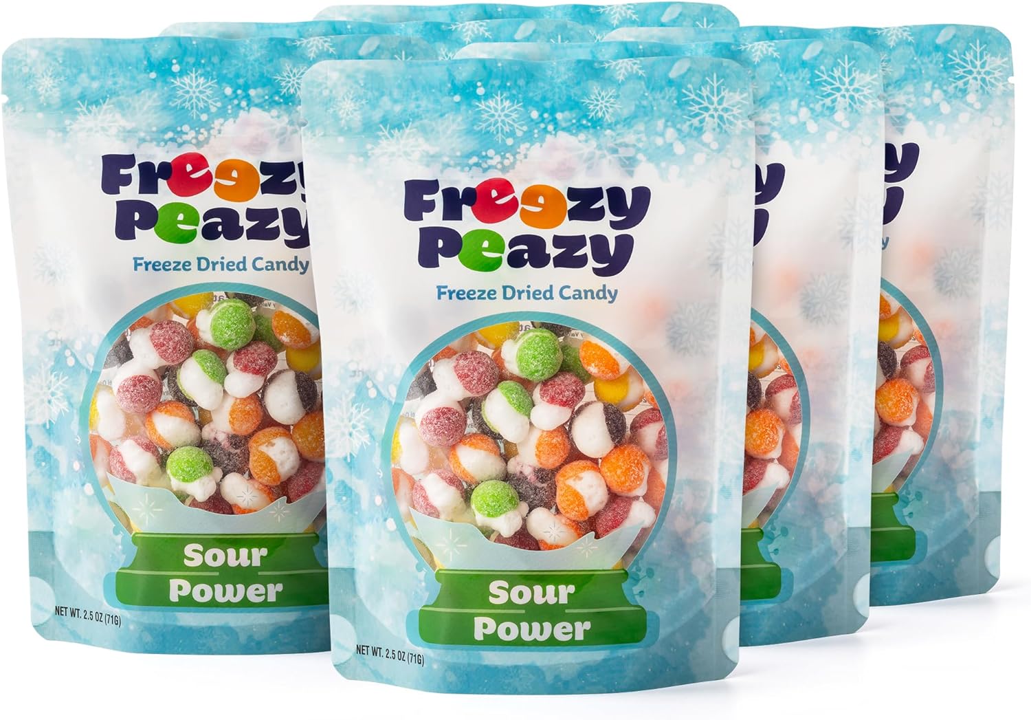 Freezy Peazy Freeze Dried Candy. Sour Power Crunch. Tangy Fruit Flavor. No Melt Crispy Sour Candy Snack with Sweet and Tart Zing. Colorful Crunchy Treat. Shelf Stable. 2.5 oz. (Pack of 6)