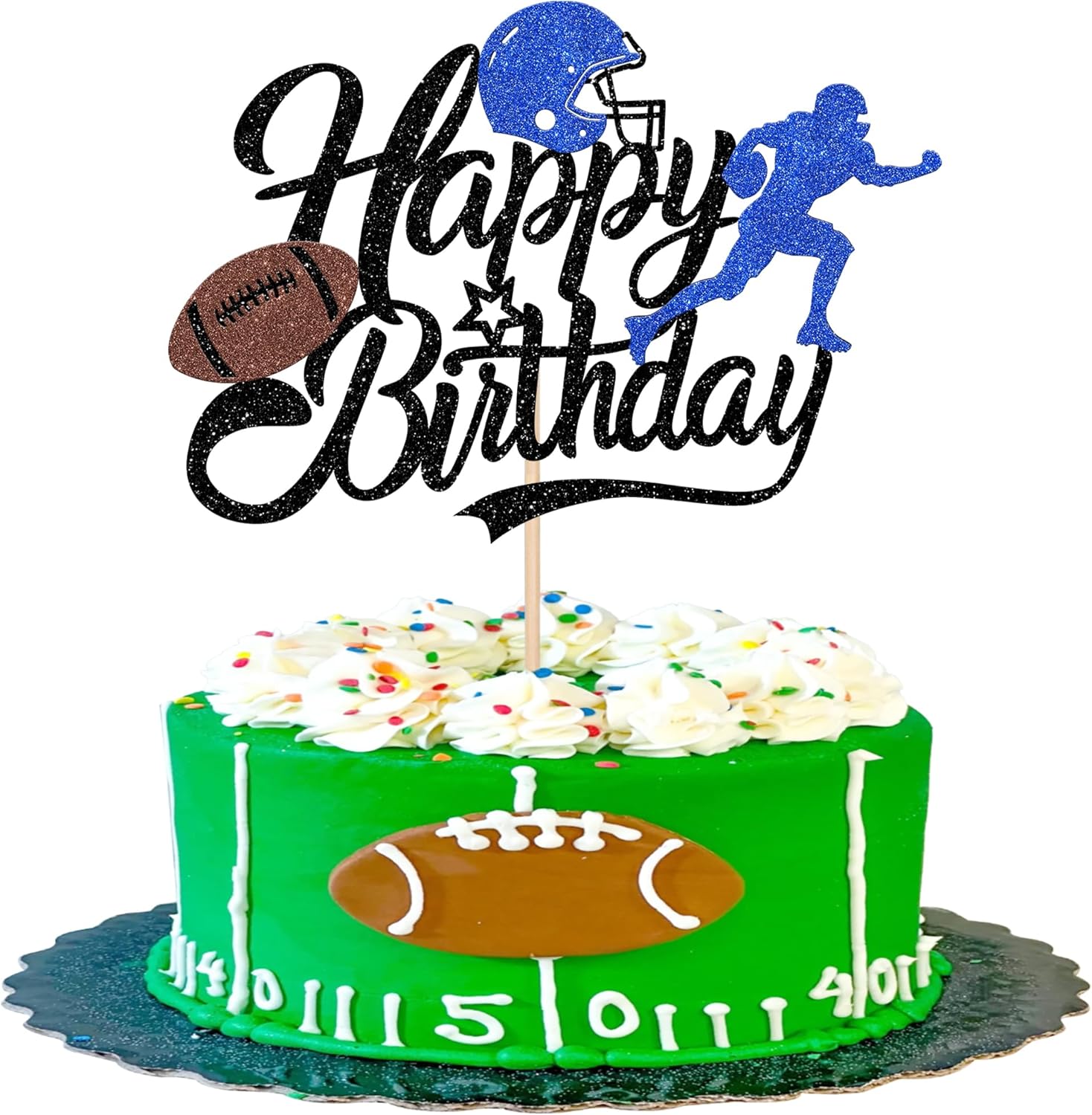 1 PCS Happy Birthday Football Cake Topper Glitter Men Rugby Player Scene Ball Cake Pick Decoration for Bowl Sports Theme Baby Shower Kids Boys Birthday Football Event Party Supplies Black Blue