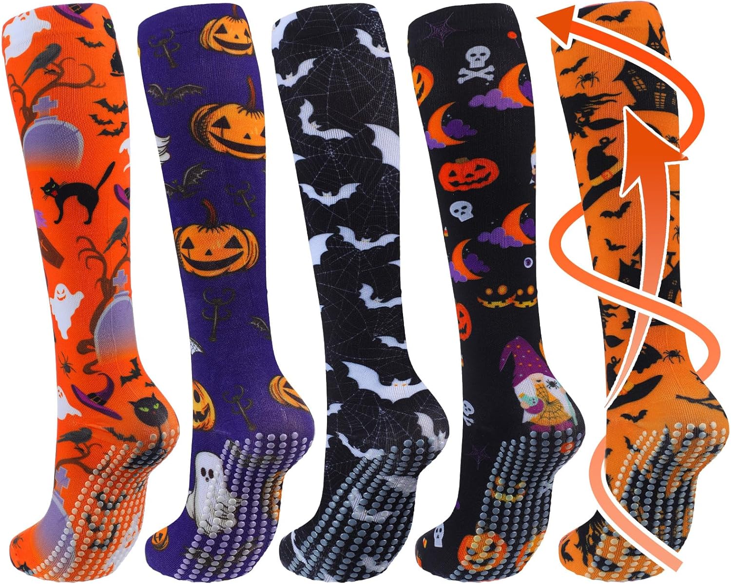 5 Pairs Halloween Non Slip Compression Socks for Women Men 20-30 Mmhg Knee High Anti Skid Compression Socks with Grips Support for Nurses Pregnancy Running Travel