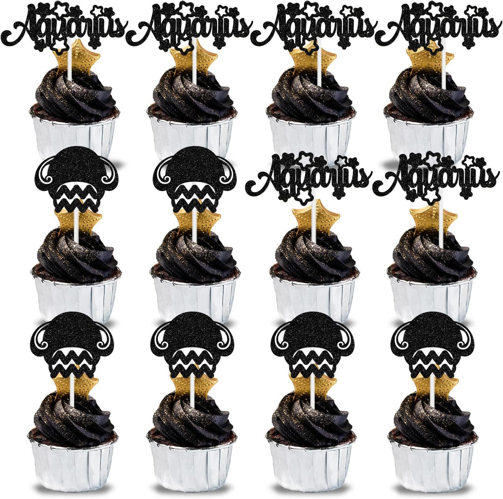 12Pcs Aquarius Cupcake Topper, Big Aquarius Energy/Aquarius Season, 12 Constellation January/Febuary Birthday Cupcake Decoration, Horoscope Astrology Birthday Party Supplies, Black Glitter