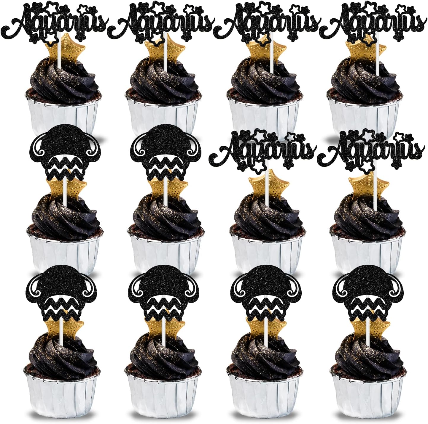 12Pcs Aquarius Cupcake Topper, Big Aquarius Energy/Aquarius Season, 12 Constellation January/Febuary Birthday Cupcake Decoration, Horoscope Astrology Birthday Party Supplies, Black Glitter