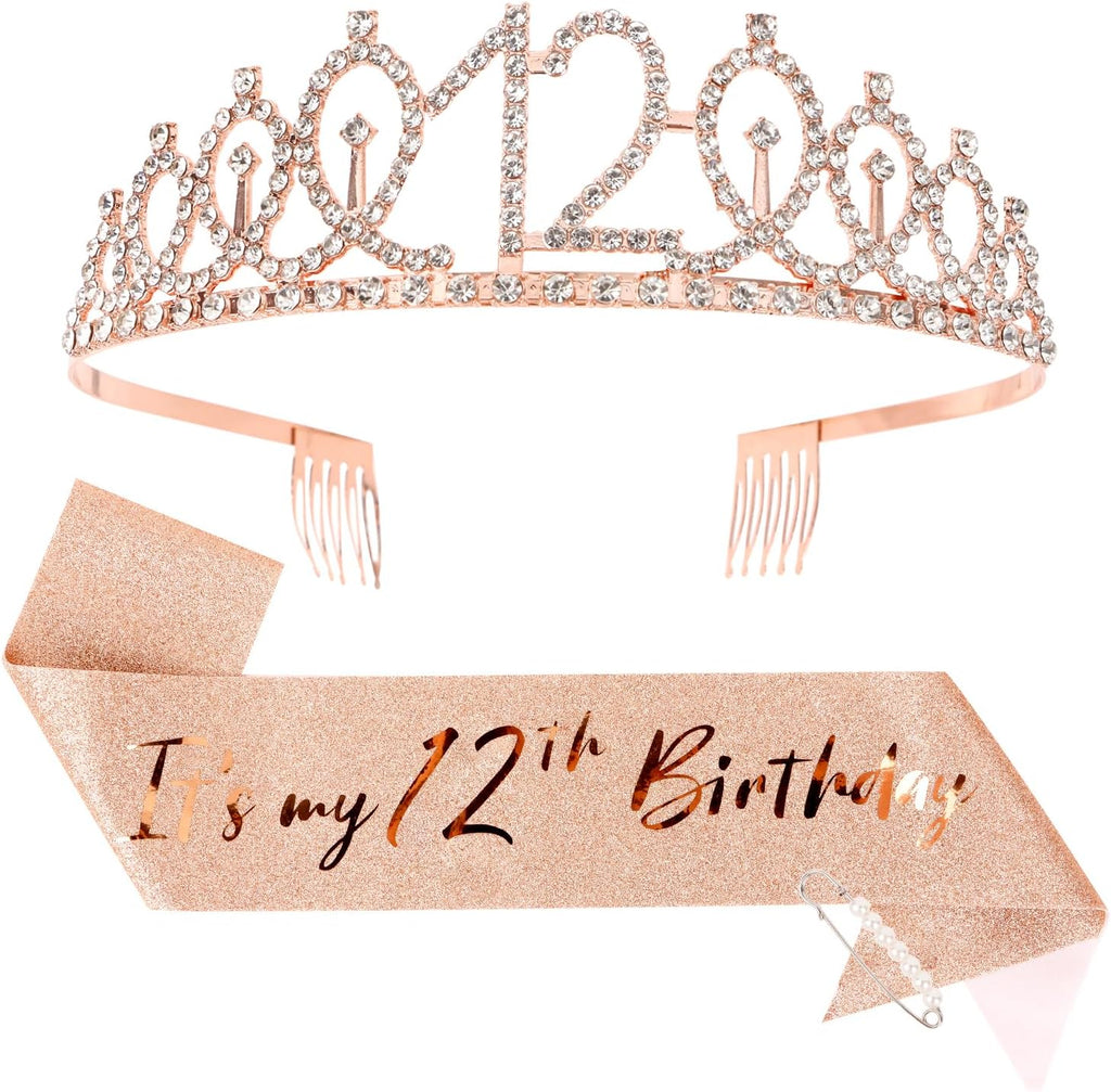 CIEHER 12th Birthday Crown + 12th Birthday Sash + Pearl Pin Set, It's My 12th Birthday Sash, 12 Birthday Tiara, 12th Birthday Decorations for Girls, 12th Birthday Gifts