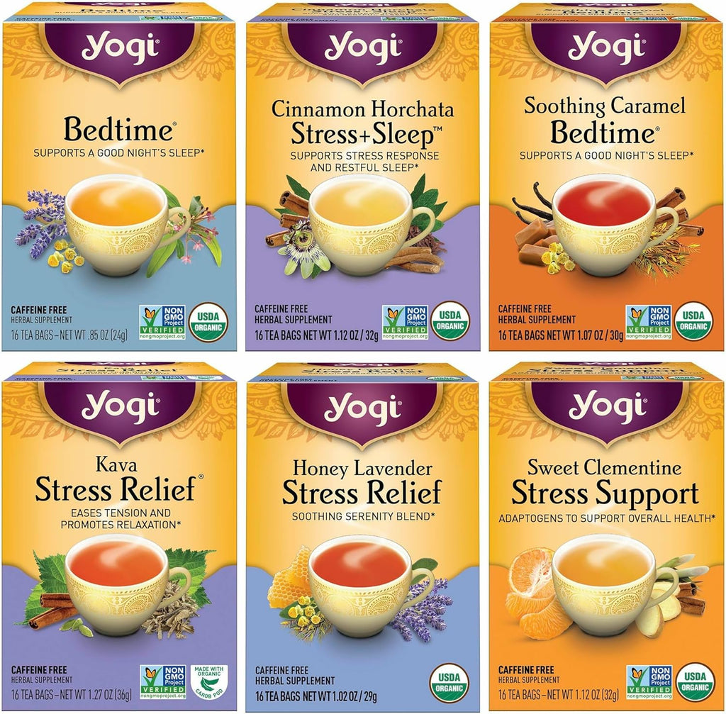 Yogi Tea Stress Relief & Herbal Tea Variety Pack - 16 Bags per Pack (6 Packs) - Organic Herbal Sampler - Includes Bedtime, Kava Stress Relief, Soothing Caramel Bedtime & More