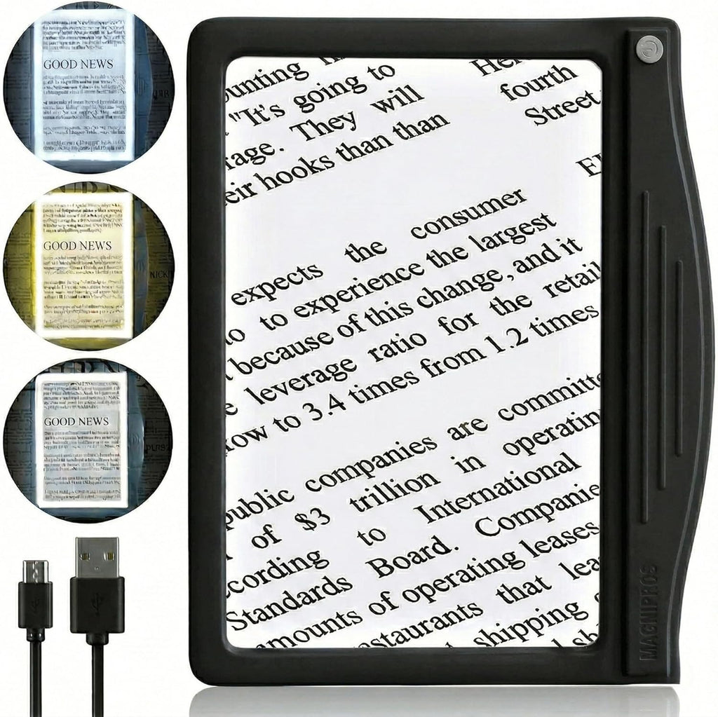 MagniPros 5X Rechargeable Large Ultra Bright LED Page Magnifier with Anti-Glare Lens & 3 Color Dimmable Light Modes, Relieve Eye Strain- Ideal for Reading Small Prints, Low Vision, Seniors