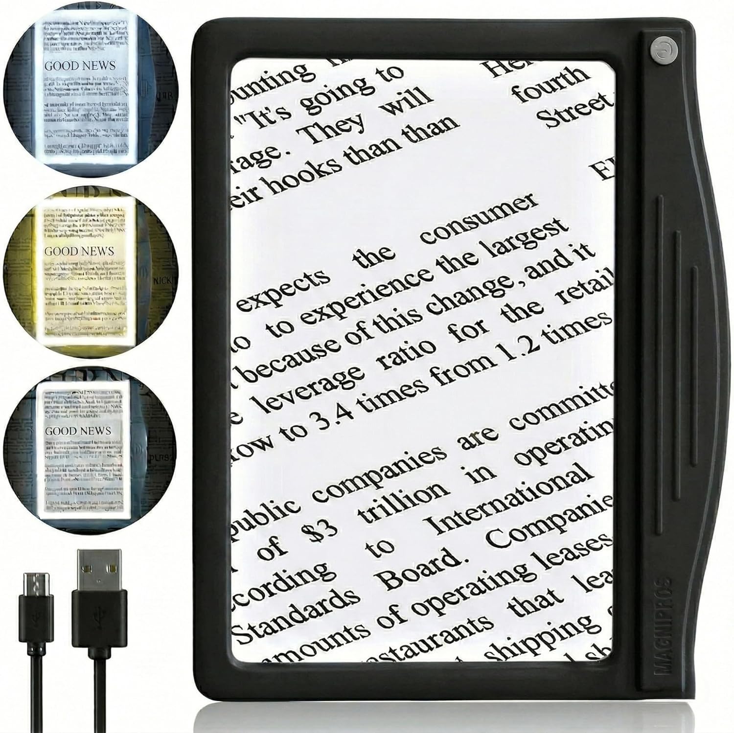 MagniPros 5X Rechargeable Large Ultra Bright LED Page Magnifier with Anti-Glare Lens & 3 Color Dimmable Light Modes, Relieve Eye Strain- Ideal for Reading Small Prints, Low Vision, Seniors