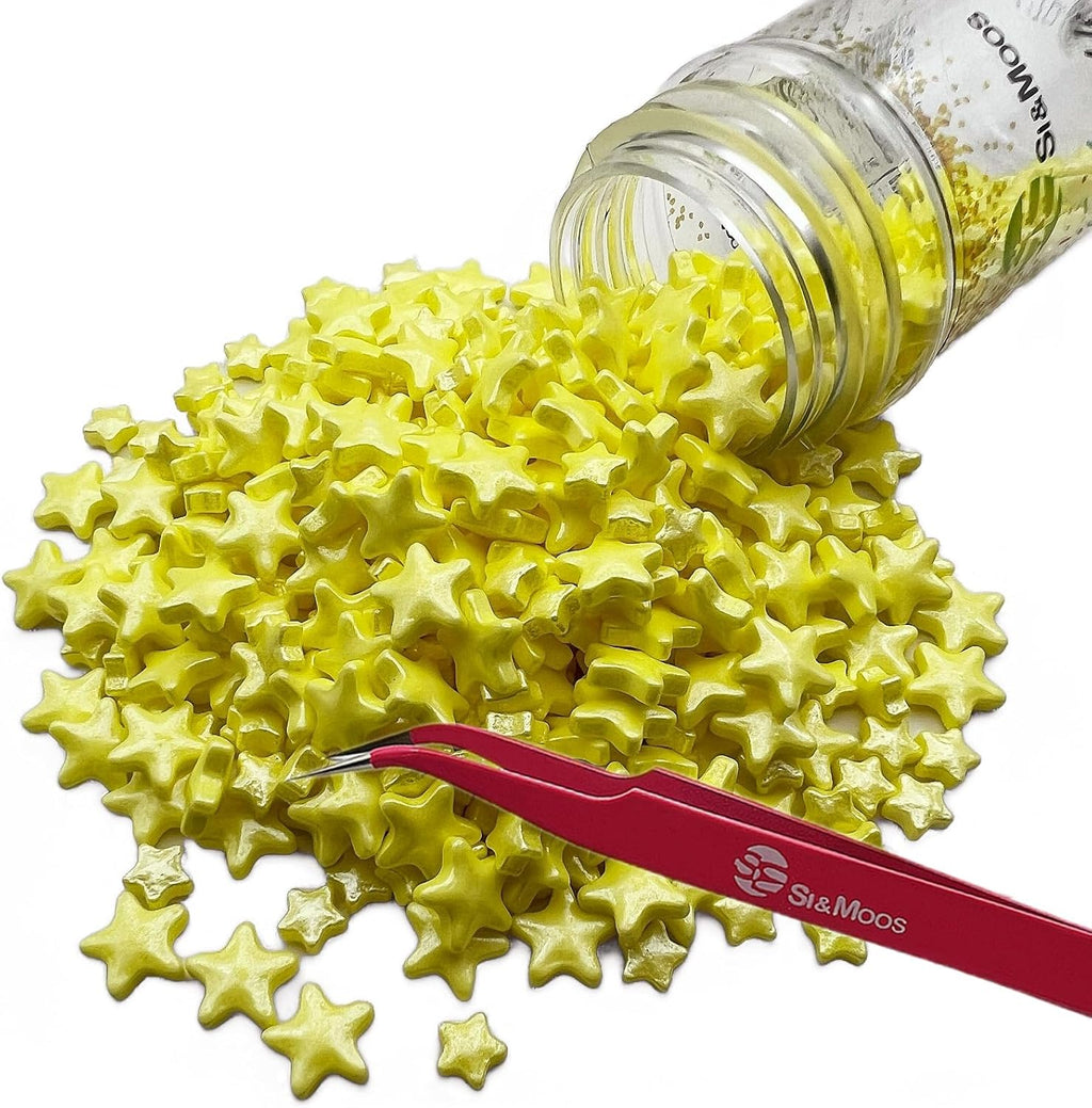 SE Si&Moos Yellow Star Sprinkles for Cake Decorating Star Cake Decorations Large and Small Edible Yellow Stars, Shower Party Birthday Halloween Christmas Supplies 3 OZ with Tweezers