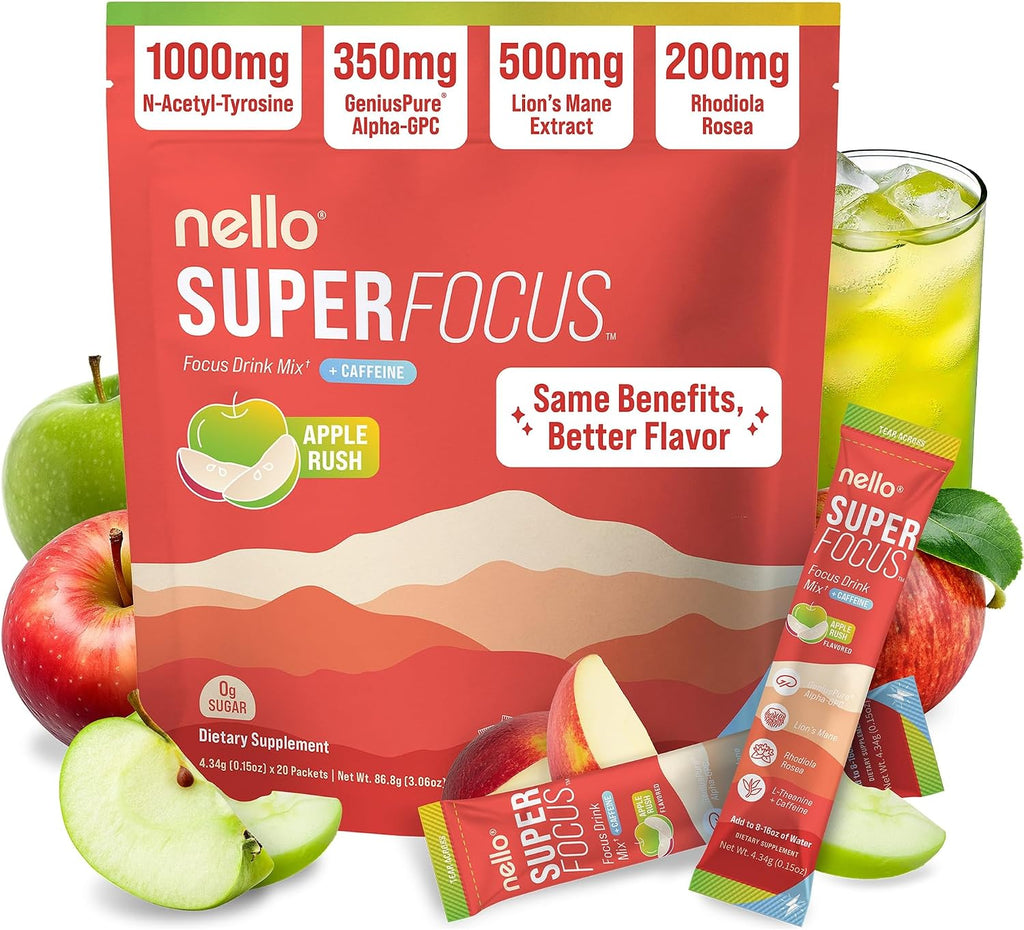 Nello Superfocus – Nootropic Focus Drink Mix for Productivity, Caffeine, L-Theanine, Rhodiola Rosea, Alpha-GPC, Lion’s Mane, Tyrosine, Sugar-Free Packets - With Caffeine (Pack of 20) (20 Servings (Caffeine), Apple Rush)