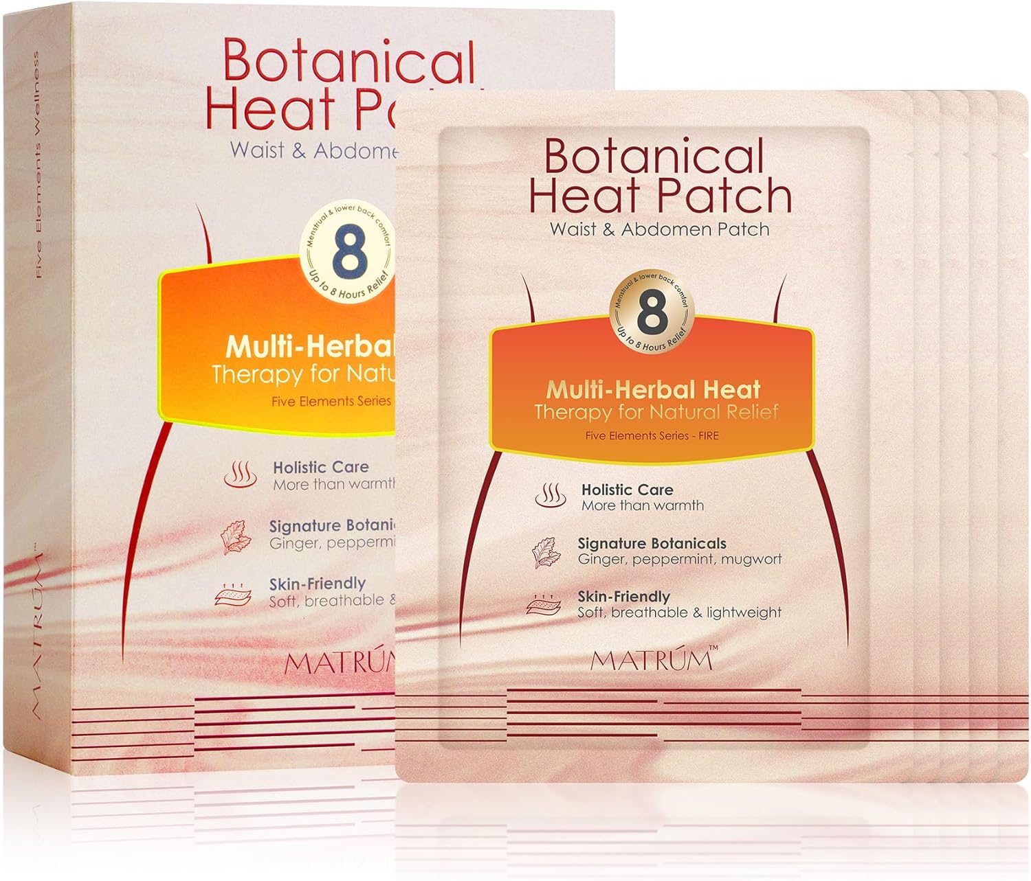 Period Pain Relief Heat Patch – Botanical Heating Pad for Cramps, Ginger Peppermint Saffron Infused, Skin-Friendly Portable 3-Panel Design, 8 Hour Drug-Free Warm Patch, 5 Count