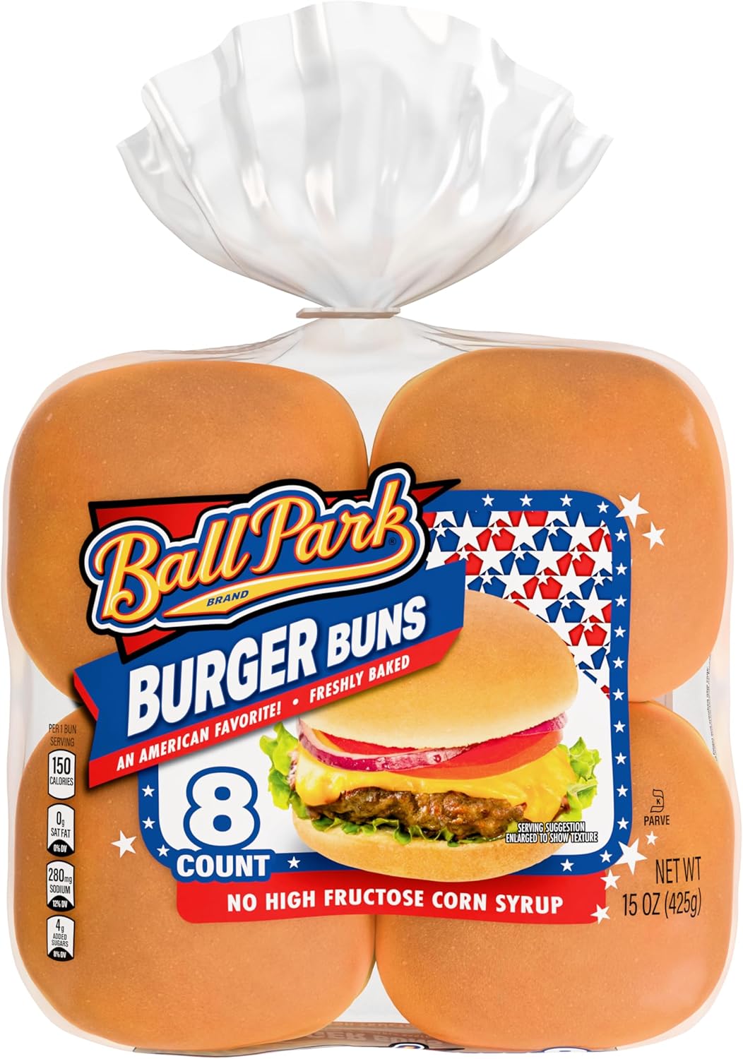 Ball Park White Burger Buns, 8 count, (1.88 oz each), Kosher Hamburger Buns, 15 oz Bag