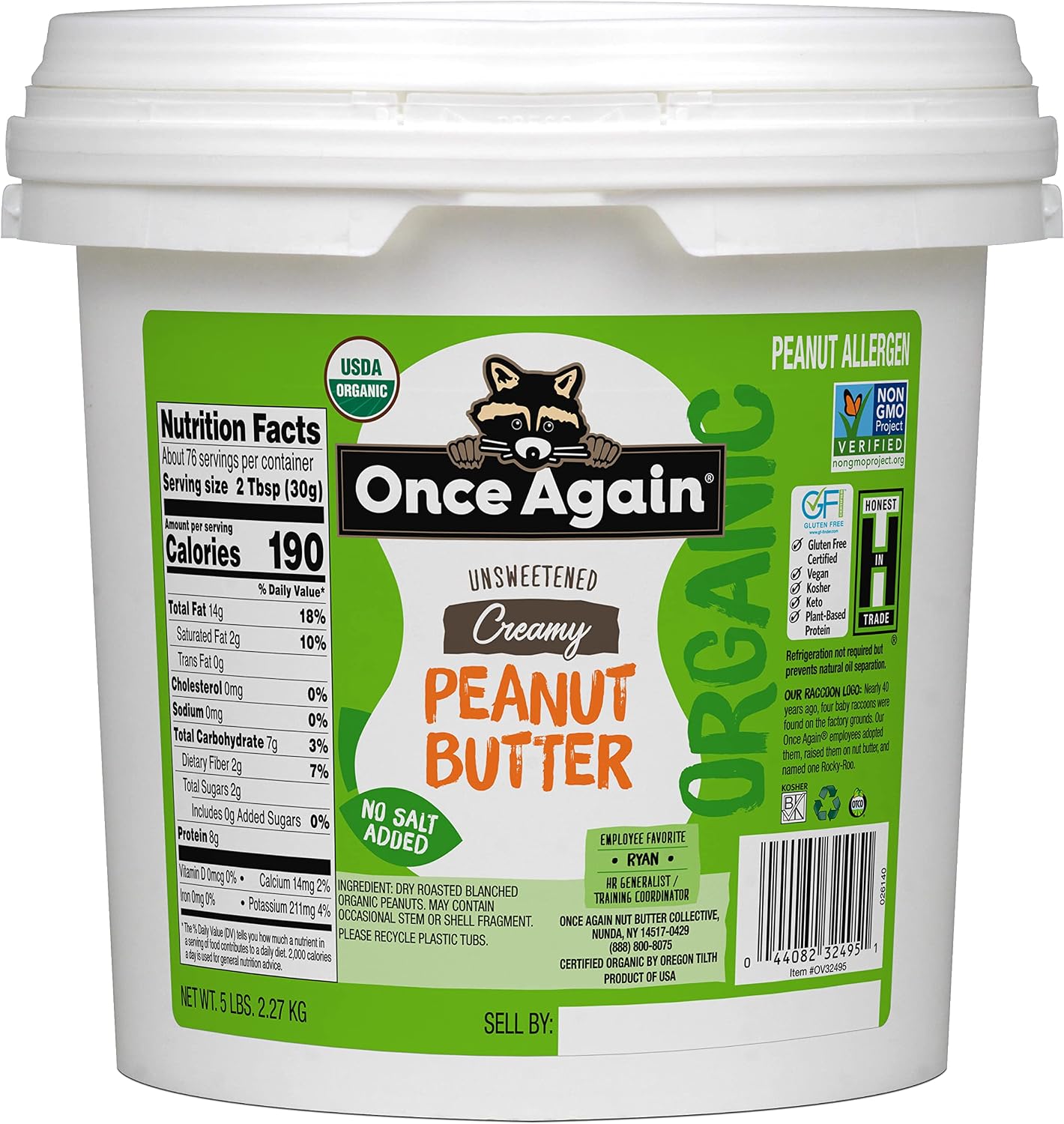 Once Again Organic Creamy Peanut Butter, 5lb Pantry Pal (same as 5 jars) - Salt Free, Unsweetened - USDA Organic, Gluten Free Certified, Vegan, Kosher