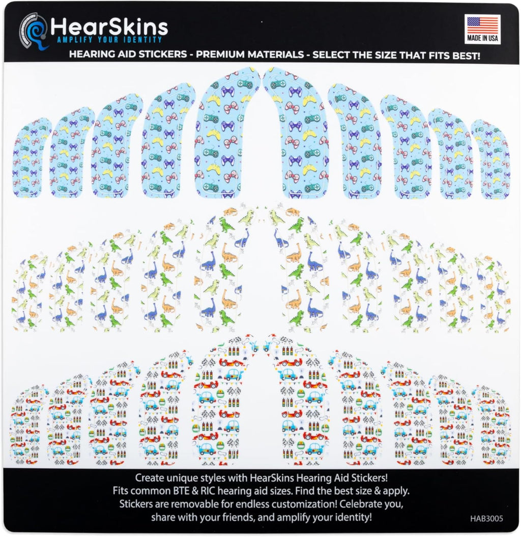 Hearing Aid Stickers Decals Skins | Dinosaur, Cars, Remote Control Patterns | Fits BTE & RIC Amplifiers, Find The Best Size and Apply, Easily Removable & Repositionable