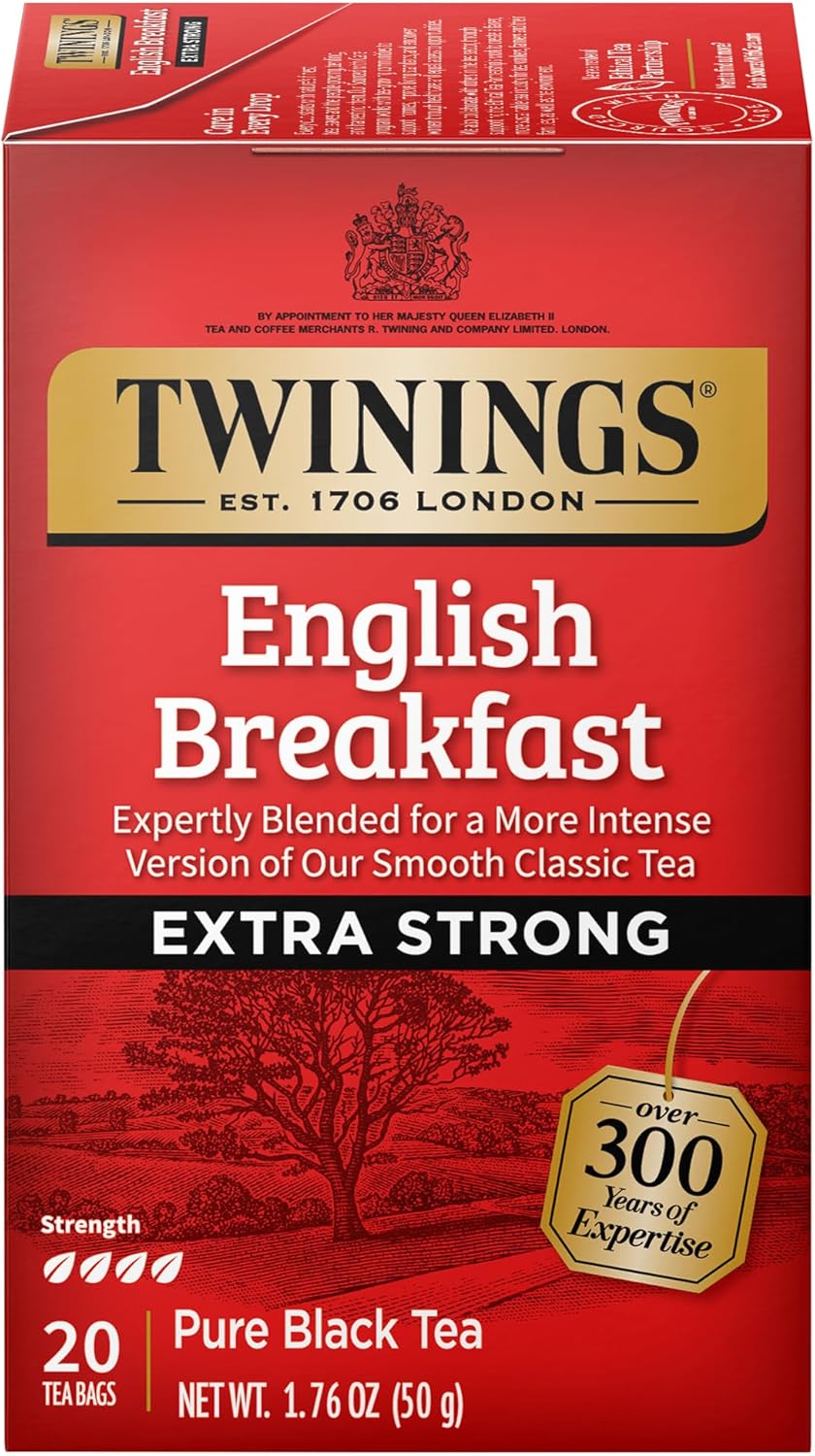 Twinings English Breakfast Extra Strong Black Tea Individually Wrapped Bags, 20 Count (Pack of 1), Robust, Caffeinated, Enjoy Hot or Iced, 20 Teabags