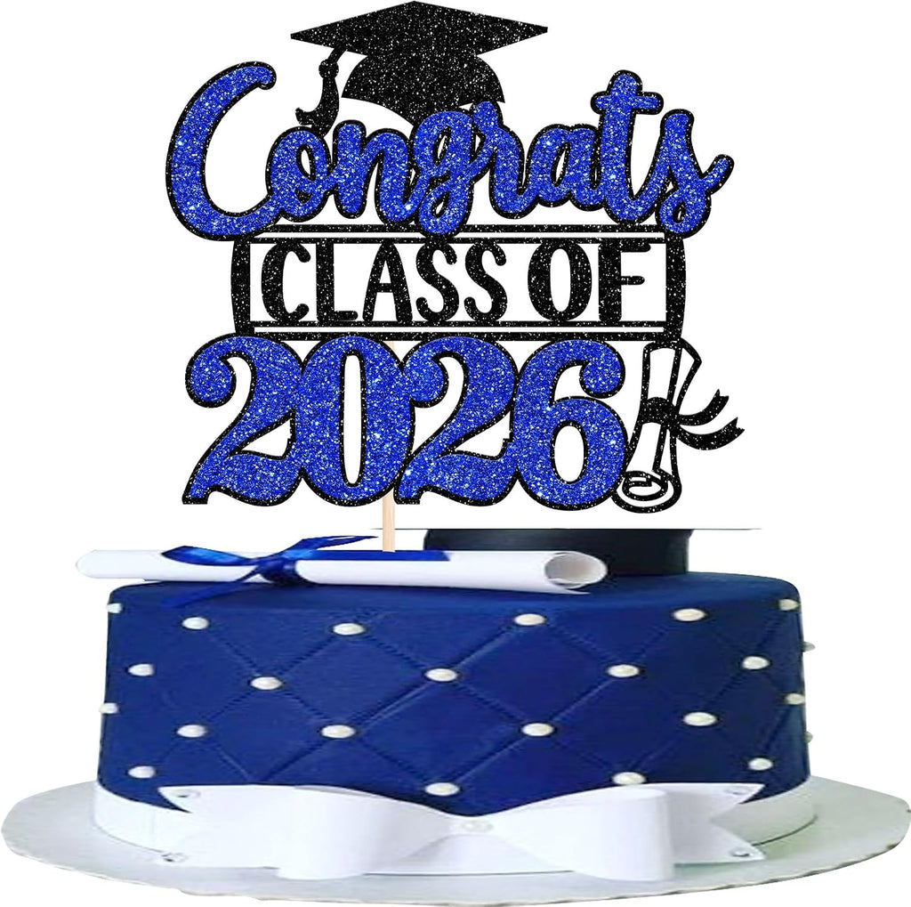 Rsstarxi 1 Pack Congrats Class of 2026 Cake Topper Glitter Congrats Class of 2026 Graduation Cap Diploma Cake Pick Decorations for 2026 Graduation Theme Party Supplies Black Blue