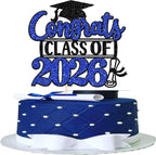 Rsstarxi 1 Pack Congrats Class of 2026 Cake Topper Glitter Congrats Class of 2026 Graduation Cap Diploma Cake Pick Decorations for 2026 Graduation Theme Party Supplies Black Blue