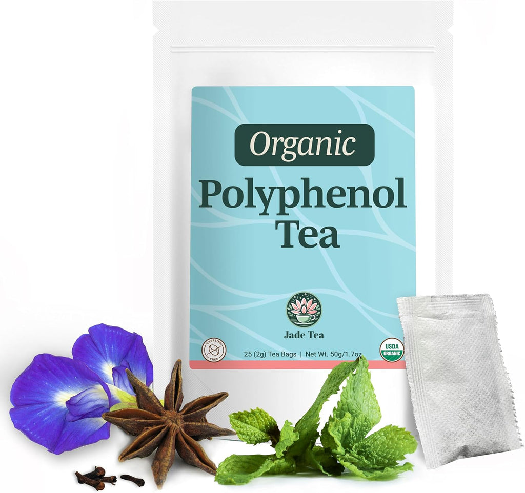 Jade Tea - Organic Polyphenol Tea - Peppermint Leaf, Star Anise, Clove, & Butterfly Pea Flower - Antioxidant Rich - 25 Count (Pack of 1) - Made In USA