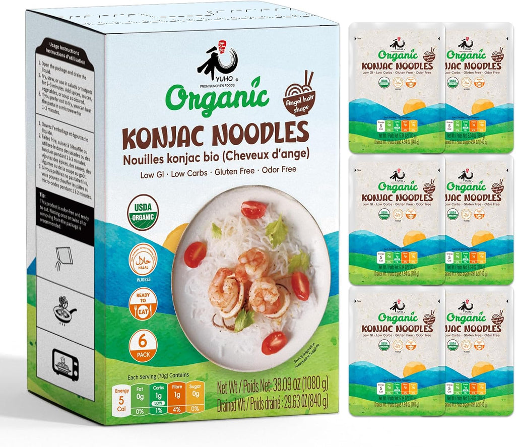 YUHO Organic Konjac Shirataki Noodle Low Carb Pasta 38.09 Oz (1080 g) Angel Hair USDA Organic Healthy Spaghetti (6 Pack Inside) Keto and Paleo Friendly Low Calorie Sugar Free Vegan Ready to Eat