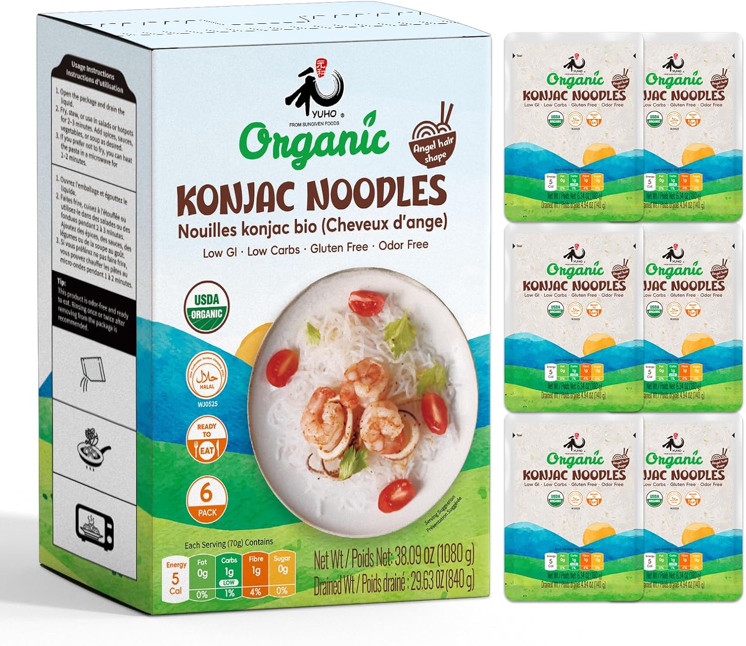 YUHO Organic Konjac Shirataki Noodle Low Carb Pasta 38.09 Oz (1080 g) Angel Hair USDA Organic Healthy Spaghetti (6 Pack Inside) Keto and Paleo Friendly Low Calorie Sugar Free Vegan Ready to Eat