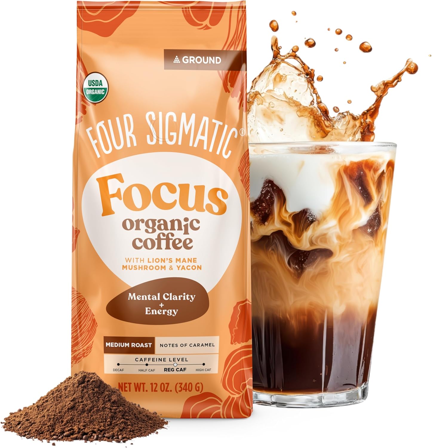 Four Sigmatic Focus Ground Coffee | Organic Ground Coffee with Lion's Mane Mushroom and Yacon for Mental Clarity & Energy Support | 12oz Bag