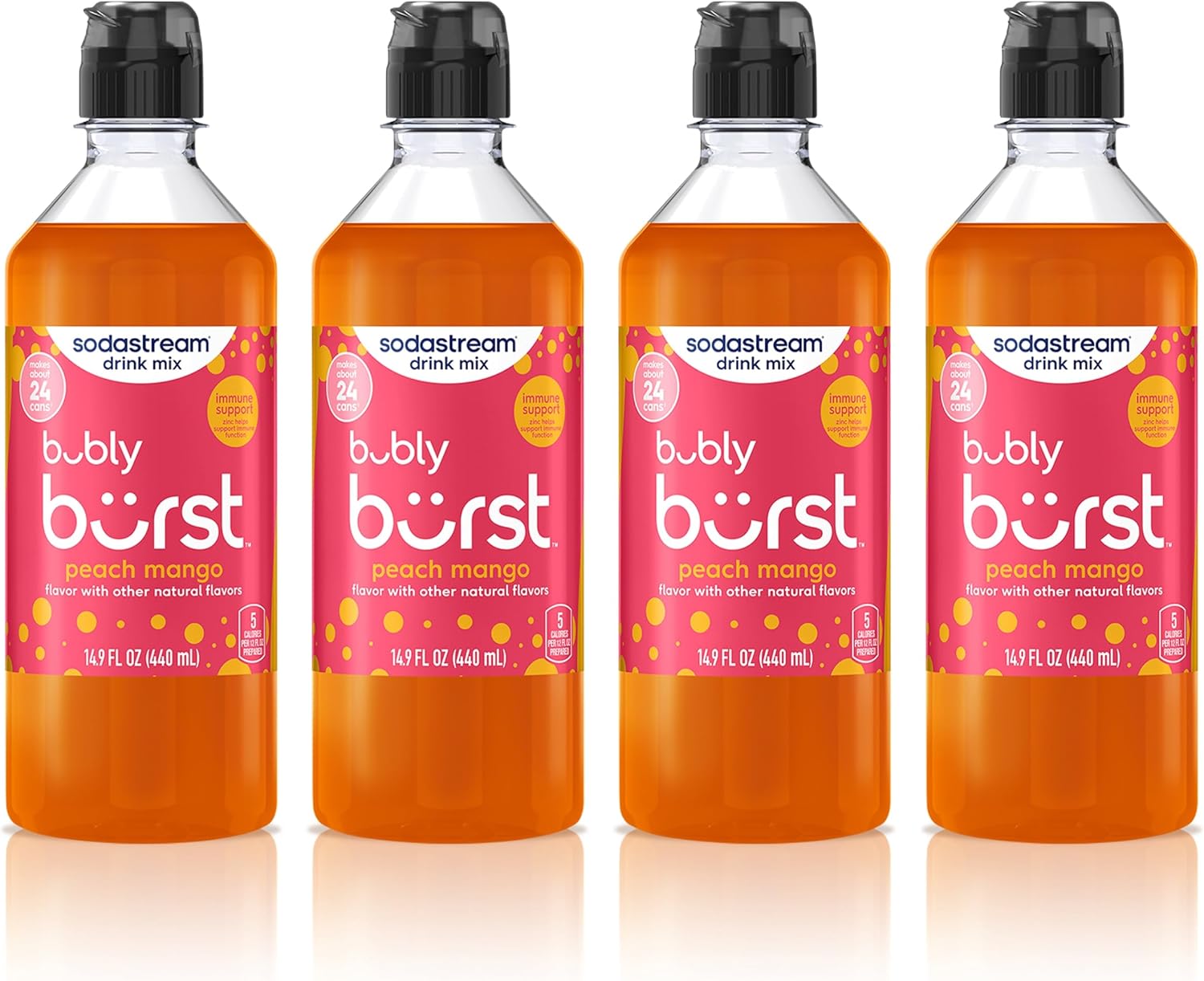 SodaStream Bubly Burst Peach Mango New Pour Bottles (440ml Pack of 4)