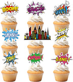 72Pcs Super Hero Cupcake Toppers Comic Cityscape Cake Decorations Cartoon City Hero Theme Birthday Party Supplies Celebrating Party Events Baby Shower