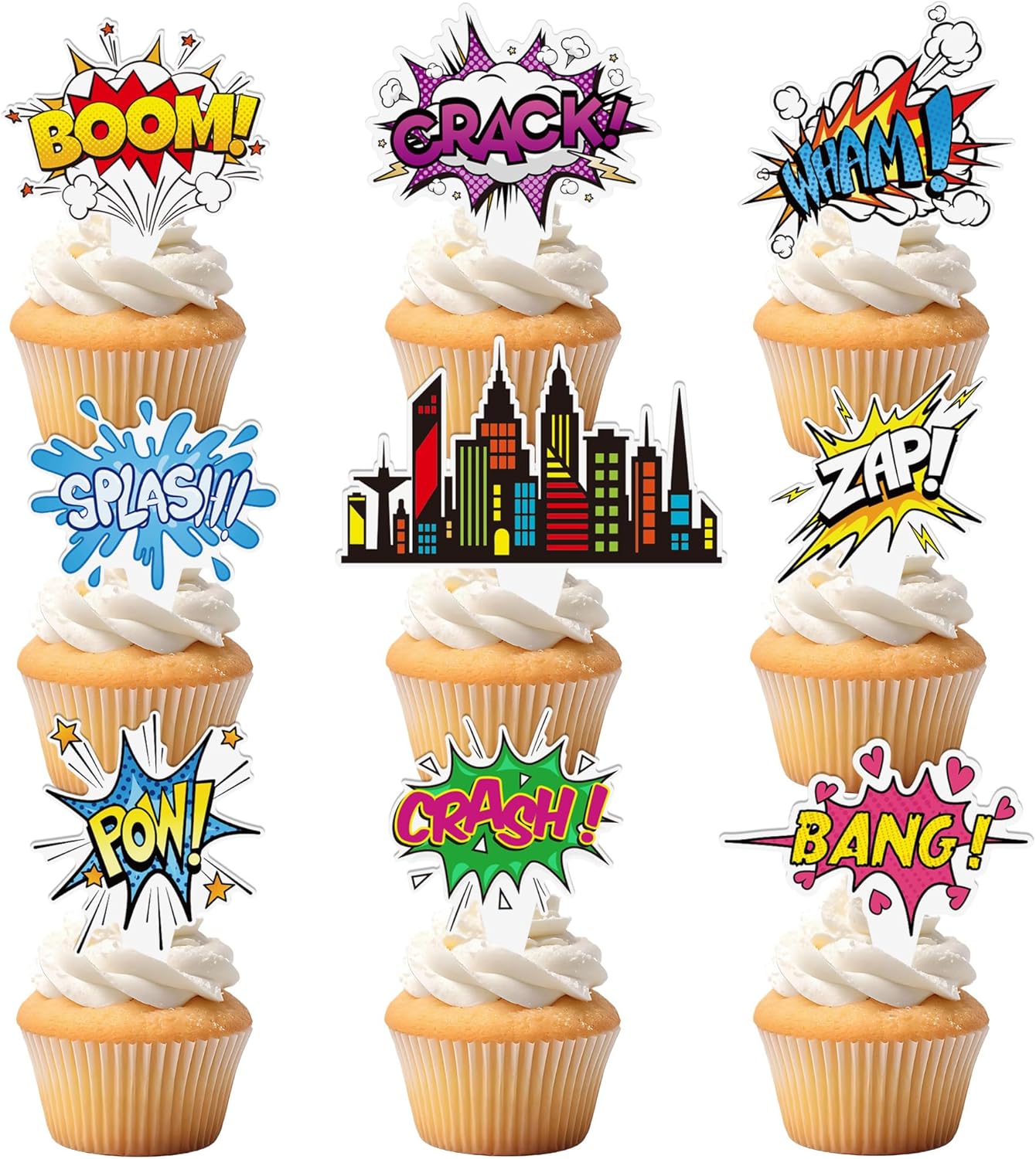 72Pcs Super Hero Cupcake Toppers Comic Cityscape Cake Decorations Cartoon City Hero Theme Birthday Party Supplies Celebrating Party Events Baby Shower